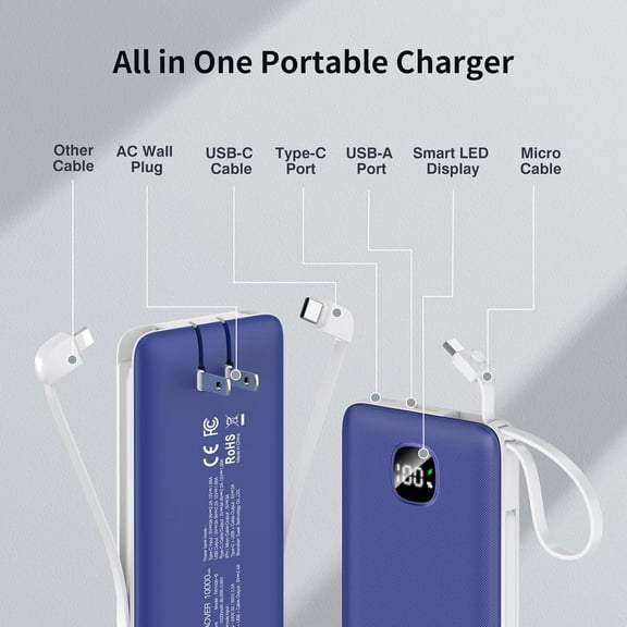 PYAN-Portable Charger with Built-in Cables&AC Wall Plug,Slim 10000mAh 22.5W Fast Charging Power Bank,5 Output 2 Input USB-C External Battery Pack Compatible with iPhones,Samsung,Android, etc