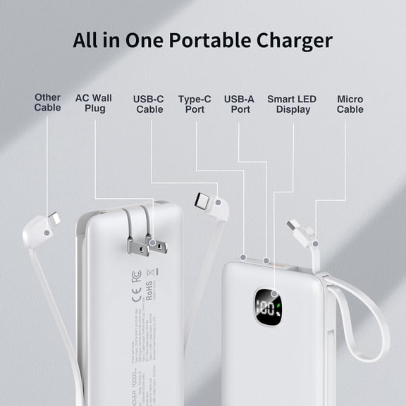 PYAN-Portable Charger with Built-in Cables&AC Wall Plug,Slim 10000mAh 22.5W Fast Charging Power Bank,5 Output 2 Input USB-C External Battery Pack Compatible with iPhones,Samsung,Android, etc