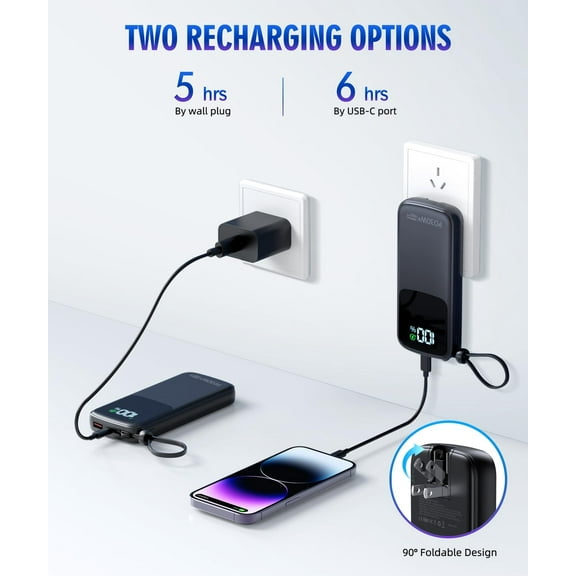 PYAN-Portable-Charger-Power-Bank - 15000mAh Power Bank Supports PD 30W Fast Charging Built-in AC Wall Plug and 2 Output Cables with LED Display for iPhone iPad and Most Electronic Devices(Black)