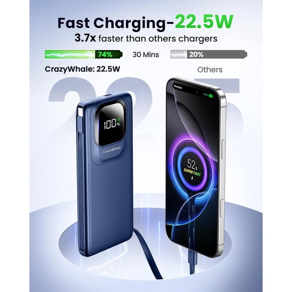 PYAN-Portable Charger Power Bank with Built-in Type C Cables, 22.5W Fast Charging 10000mAh Phone Charger, Travel Battery Pack Slim Battery Bank with LED Display for iPhone, Android & USB-C (Blue)