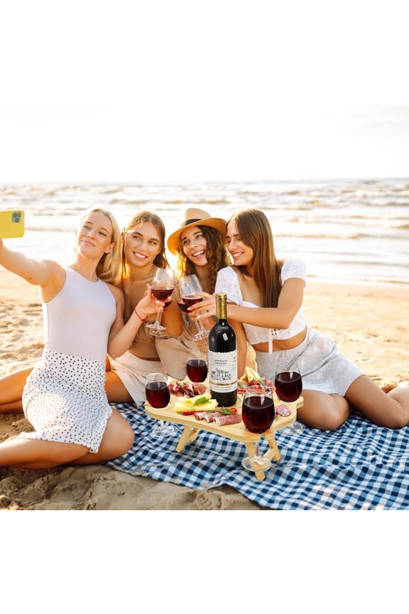 -Portable Picnic Table, Foldable Champagne Picnic Snack Tray, Collapsible Wooden Outdoor Camping Table with Wine Glasses Holder for Park, Beach, Bed, Road Trip, Wine Lover Gift