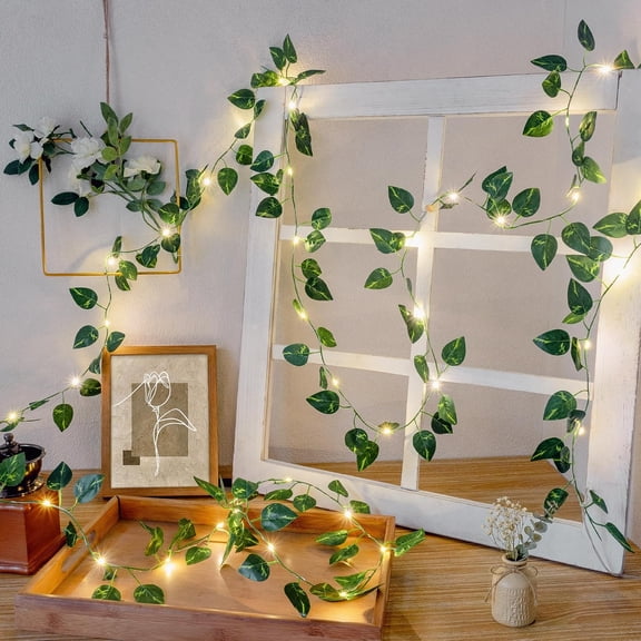 PYAN-Pothos Green Vine Garland with 40 LED Fairy Lights Modern Wall Greenery Decor with Remote, 8 Modes & Timer, USB or Battery Powered for Apartment & Indoor Spaces