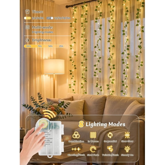 PYAN-Pothos Vines with Fairy Lights,Battery/USB Operated Leaf String Warm White Lights,23FT 73LED vine lights with Remote for Bedroom Garland Wedding Birthday Garden Party Wall Room Headboard Decor