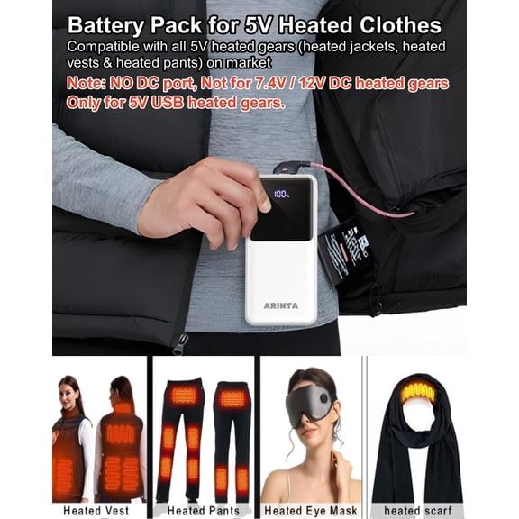 PYAN-Power Bank Portable Charger 10000mAh PD 22.5W, 5V Battery Pack for Heated Vest & Heated Jacket, LED Display & USB-C Input/Output, Compatible for Smartphones, Tablets,Travel Essentials. (White)