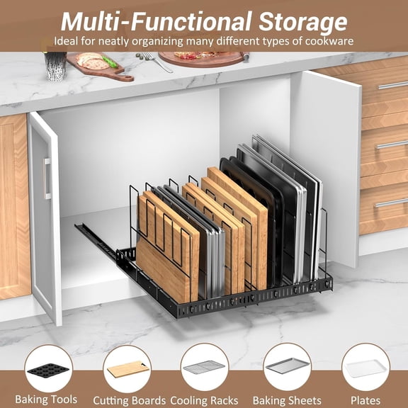 PYAN-Pull Out Large Baking Tray and Cookie Sheet Organizer, 13"-22" Width Expandable Cutting Board Holder with 8 Adjustable Dividers, 20" Deep Bakeware Storage Rack for Cabinet, Black