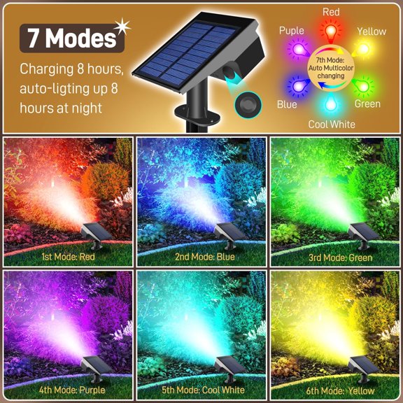 PYAN-RGB Solar Lights Outdoor Waterproof IP65, 7 Lighting Modes Color Changing 26 LED Solar Spot Lights Outdoor for Yard Garden Pathway Christmas Decor (Multicolor, 2 Pack)