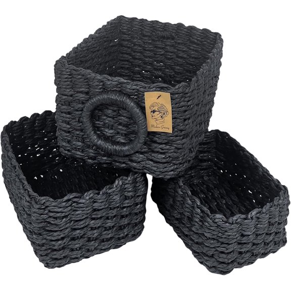 PYAN-Recycled Paper Rope Storage Baskets (Set of 3) - Handwoven Nesting Organizer Bins for Shelves, Bathroom & Nursery - Black Wicker Decor Box for Closet & Office (Small/Medium/Large)
