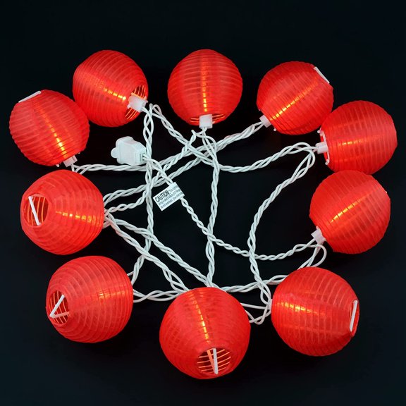 PYAN-Red Lantern String Lights, 10 Count Nylon Lantern on 7.6' White Wire, UL Listed 8" Spacing End-to-end Connectable Plug-in String Lights (Red)