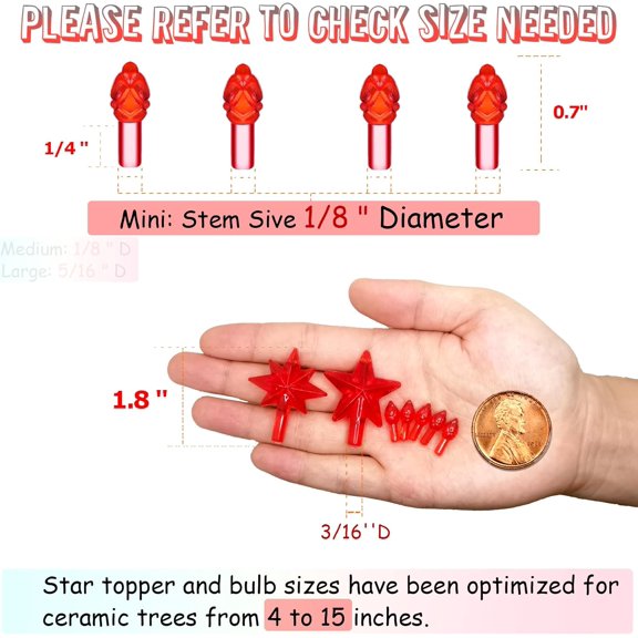 PYAN-Red Replacement Lights Bulbs for Ceramic Christmas Tree, Mini Flame Light Ornaments for Ceramic Tree, Small Twist Pegs Accessories for Crafts, 2 Stars Treetopper177 Bulbs Set