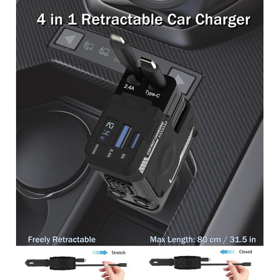 PYAN-Retractable Car Charger, 4 in 1 Retractable Phone Charger with 66W Fast Charging, 2 Retractable Cables and 2 USB-C USB-A Port Compatible with iPhone 16/15/14/13/12/11,Samsung, Galaxy,Pixel (Blac
