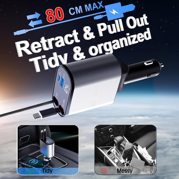 PYAN-Retractable Car Charger 4 in 1 USB C Fast Charger with Dual Type-C Cables (31.5 inch) and 2 Charging Ports with Voltage Display Compatible with iPhone 17/16 Pro Max Samsung Galaxy Note