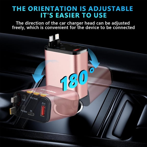 PYAN-Retractable Car Charger,5 in 1 Fast Cars Phone Charger 60w,Bluetooth 5.3 FM Transmitter Adapter,Handsfree Call,MP3 Player,2 Retractable Cables and USB Chargers, for Phone,Galaxy,Pixel (Pink)