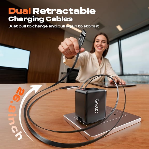 PYAN-Retractable Wall Charger, 45W Retractable Phone Charger Wall Plug with Dual Cables, 4-in-1 Phone Chargers Fast Charging for iPhone 17/16/15 Series, Pad, Tablet, LG, Samsung and More