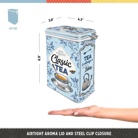 PYAN-Retro tea tin box, 44 oz, Classic Tea Gift idea for tea fans, metal clip top can, vintage design