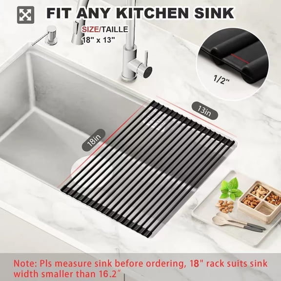 PYAN-Roll Up Dish Drying Rack, Silicone Wrapped Over The Sink Dish Rack Foldable Dish Drainer Anti-Slip Dish Racks for Kitchen Counter, Multipurpose Kitchen Sink Drying Rack, 18" x 13", Black