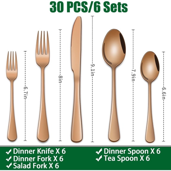 PYAN-Rose Gold 30-Piece Flatware Sets Service For 6,Pink Silverware Set Includes Knife Spoon And Forks Eating Utensils Sets For Kitchen,Metal Cutlery Set Tableware Sets