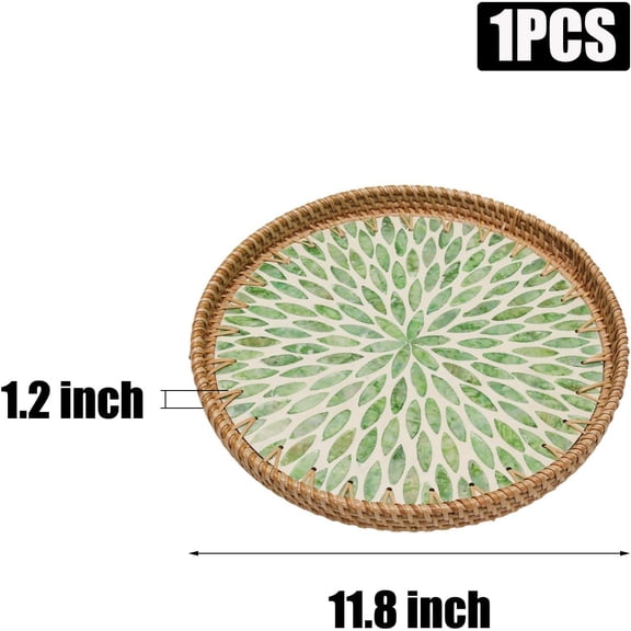 PYAN-Round Rattan Tray with Mother of Pearl Inlay Decorative Wicker Serving Tray with Wooden Base Woven Basket Trays for Table Decor, Storage and Display of Food Coffee (Leaf, 11.8'')