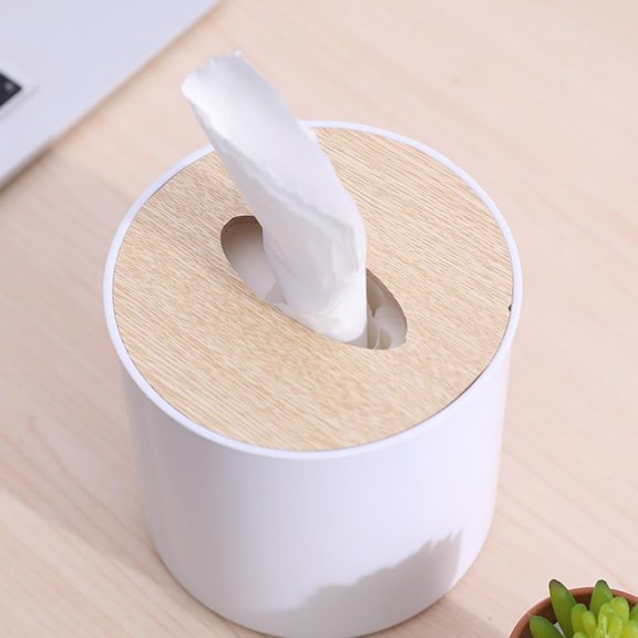 PYAN-Round Wooden Tissue Box Holder 5.1 Inch Compact Tissue Dispenser for Bathroom Kitchen Living Room Napkin Storage