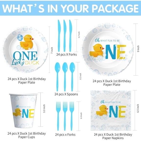 PYAN-Rubber Duck 1st Birthday Decorations for Boy Tableware, Bubble Bath Theme Blue One Lucky Duck Birthday Party Supplies, Paper Plates, Cups, Napkins, Disposable Cutlery, Serves 24
