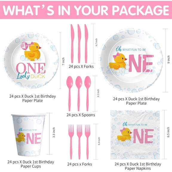 PYAN-Rubber Duck 1st Birthday Decorations for Girl Tableware, Bubble Bath Theme Pink One Lucky Duck Birthday Party Supplies, Paper Plates, Cups, Napkins, Disposable Cutlery, Serves 24