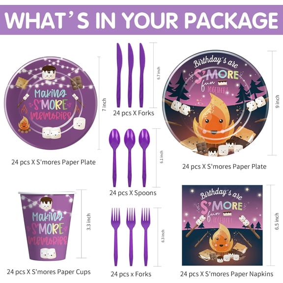 PYAN-SMores Birthday Party Decorations Tableware, Smores Bonfire Birthday Party Supplies, Plate, Cup, Napkin, Cutlery, Backyard Camping Night Campfire S'more Table Decorations | Serve 24