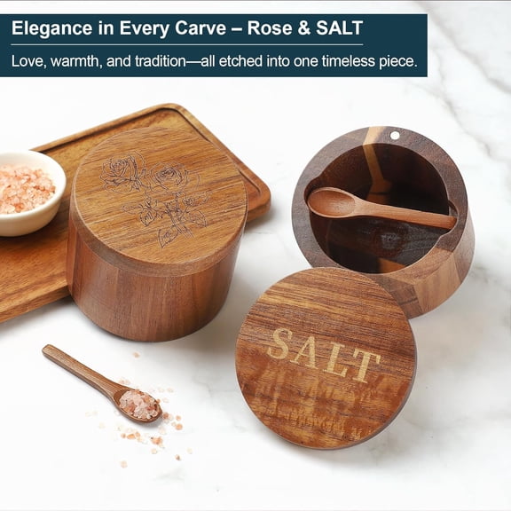 PYAN-Salt Cellar, 2PCS Salt Container Acacia Wood Salt and Pepper Box for Countertop with Built-in Spoon & Swivel Lid, Wood Salt Holder Bowl for Kitchen, Seasoning Storage (Rose & SALT Engraving)