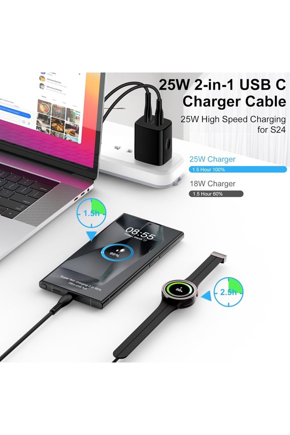 -Samsung Watch Charger Fast Charging for Samsung Galaxy Watch 8 Classic/8/Watch 7/Ultra/6 Classic/6/5 Pro/5/4/3/Active2/Active,25W Dual USB C Block Charger 6FT Type C Magnetic Wireless Charging C