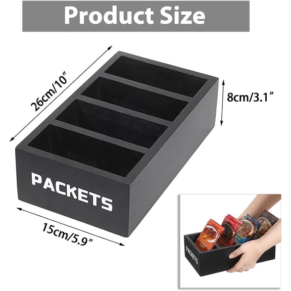 PYAN-Seasoning Packet Organizer, Food Packet Storage Organizer with 4 Compartments, Black Wooden Storage Caddy for Kitchen Pantry Cabinet, Farmhouse Kitchen Organization Bin for Snacks Spice Packets