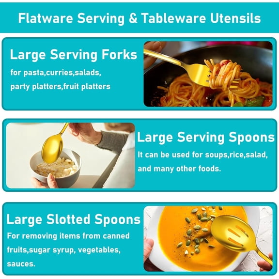 PYAN-Serving Utensils, 15 Pcs Stainless Steel Large Flatware Serving Tools Kit, Included Spoons, Forks, Tongs, Slotted Spoon, Ladle, Cake Server for Kitchen Catering Banquet Wedding Buffet Party, Gol