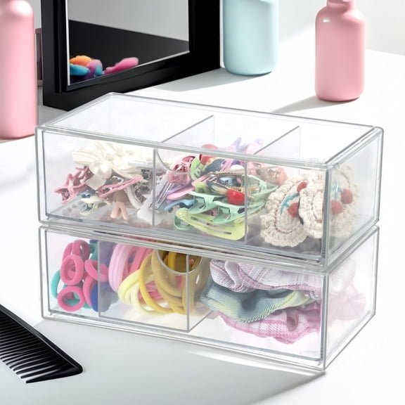 PYAN-Set of 2 Stackable Storage Drawers - 7.8" Clear Plastic Drawer Storage, Acrylic Makeup Organizer, Desk Counter Cabinet Office Organizer, Bathroom Organizers and Storage (3 Grid/Set of 2)