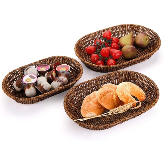 PYAN-Set of 3 Wicker Baskets, Bread Baskets Sets, Tabletop Food Serving Baskets Trays, Handwoven Storage Basket Bin, Fruit Vegetables Sundries Storage Basket for Home, Restaurant, Bakery