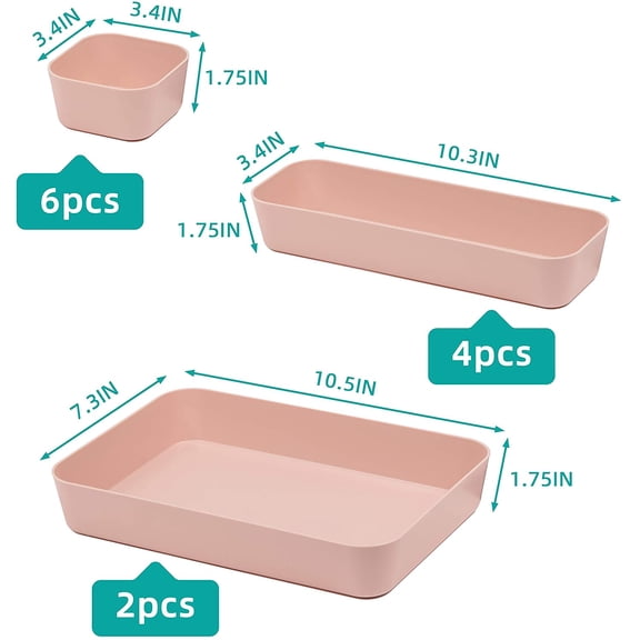 PYAN-Set Of 12 Pink Color Plastic Desk Drawer Organizers For Makeup Bathroom Office Kitchen Vanity Drawer Storage Box Container