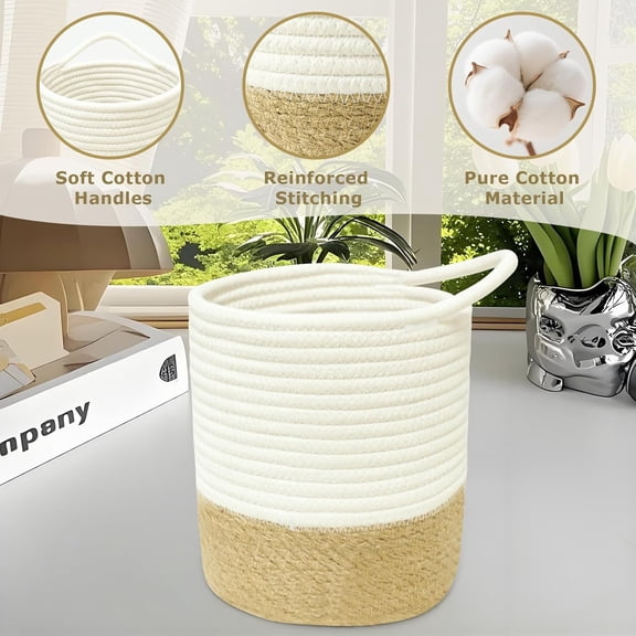 PYAN-Set of 2 Small Round Hanging Baskets, 7" x 7.87", Woven Baskets Wall Decor for Key, Sunglasses, Wallet on Door, White & Jute