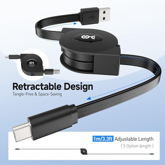 PYAN-Short Retractable USB C Cable 1m (Retractable USBC to USBA, USBC to USB Cord, iPhone 15 Charger Cable) Compatible with iPhone 15 Pro Max Plus