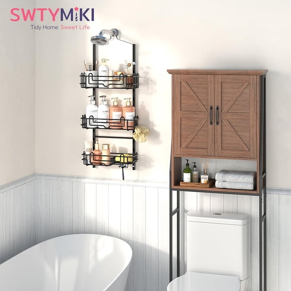 PYAN-Shower Caddy Hanging Organizer - 3-Tier Rustproof Shower Organizer Over Showerhead with Adjustable Baskets, 24 Hooks, Soap & Razor Holder - No Drill Large Bathroom Storage Rack, Black