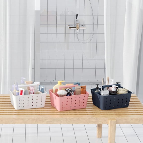 PYAN-Shower Caddy Portable, Plastic Bathroom Organizer with Handle and Holes, Hard Cleaning Basket for Toiletry Storage, College Dorm Essentials, Slate Blue, 3 Packs