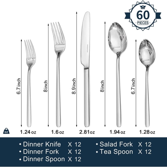 PYAN-Silverware Sets, 60 Piece Flatware Set for 12, 18/10 Stainless Steel Cutlery Set Mirror Polished Modern Design Dishwasher Safe