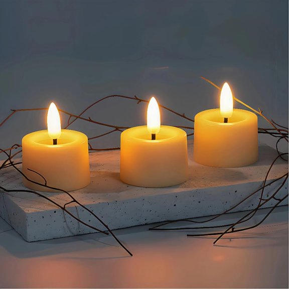 PYAN-Simplelight Amber Tea Lights Candles Battery Operated LED Tea Lights with Timer, Pack of 12 Realistic Black Wick Fall Candles for Pumpkin, Halloween, Christmas, Battery Included (Amber)