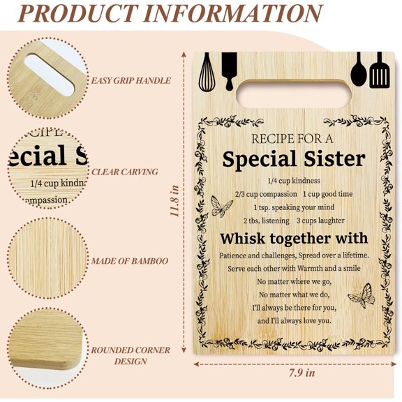 PYAN-Sister Kitchen Bamboo Cutting Board, Recipe For A Special Sisters, Charcuterie Boards for Home Kitchen Decor, Best Sister Ever Gift, Birthday Wedding Gifts for Sisters Bestie -041
