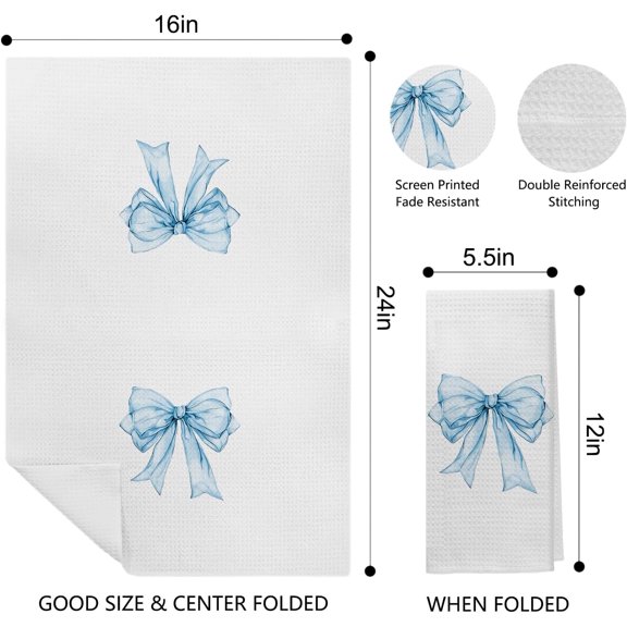 PYAN-Sky Blue Coquette Bow Knot Kitchen Towels Set of 2, Preppy Hand Towels for Bathroom Decor, Blue Ribbon Dish Towels Tea Towels for Kitchen, 16x24 Inch