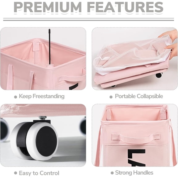 PYAN-Slim Laundry Hamper with Wheels 75L, Collapsible Rolling Laundry Basket for Living Room, Pink Laundry Hamper for College Dorm