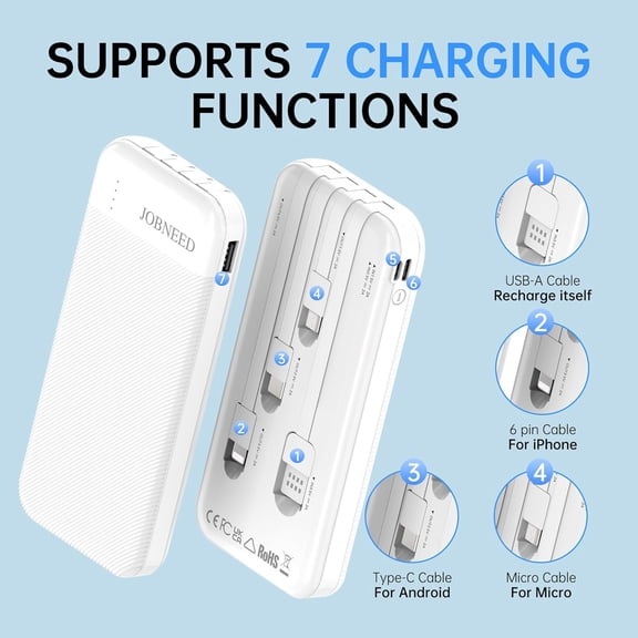PYAN-Slim Portable Charger Power Bank with Different Cords, 10000mAh Portable Charger Power Bank,Battery Charger with Multi Cords for iPhone,Samsung,Android and Other Small Devices(White)