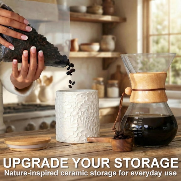 PYAN-Small Engraved Ceramic Kitchen Canister - Storage Jars with Airtight Lids Made from Bamboo with Nature-Inspired Engraving - Use as a Pasta Holder, Coffee Ground Holder, Rice Container - 30 Ounce