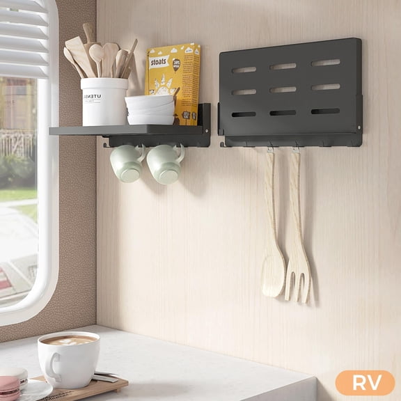 PYAN-Small Folding Metal Shelf with Hooks, Fold-up Wall Shelf, 6 Hooks, Drop Down Floating Shelf for Laundry Room, Kitchen, RV, Toilet Room, Garage, Utility, Black11.8", 1 Pack