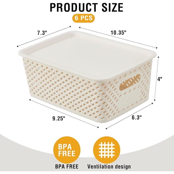 PYAN-Small Plastic Twill Woven Storage Baskets with Lids, Stackable Organizing Containers with Labels for Pantry Closet Office, 6-Pack,10.35"x7.3"x4.09", White