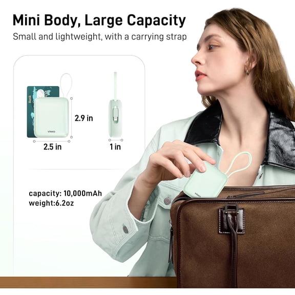 PYAN-Small Portable Charger, 22.5W Fast Charging Mini Power Bank 10000mAh with Built-in Cables LED Display, Travel Essential USB-C Battery Pack Compatible with iPhone,Samsung,Android (Green)