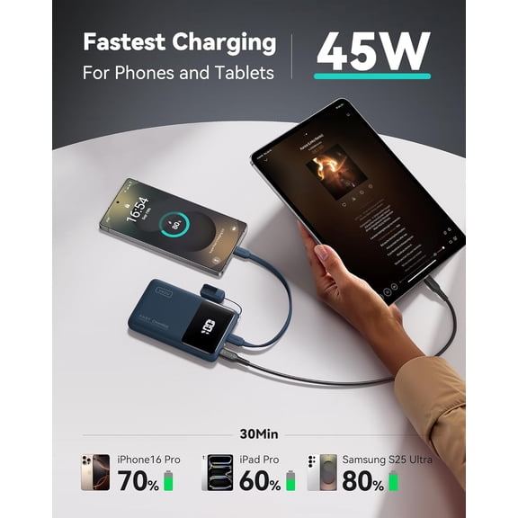 PYAN-Small Portable Charger, 45W PD Fast Charging 10000mAh Power Bank, Battery Pack with Attached USB C Cable, Travel Essentials Powerbank for iPhone 17 16 15 14 Pro Air, Xiaomi, Samsung S25, Blue