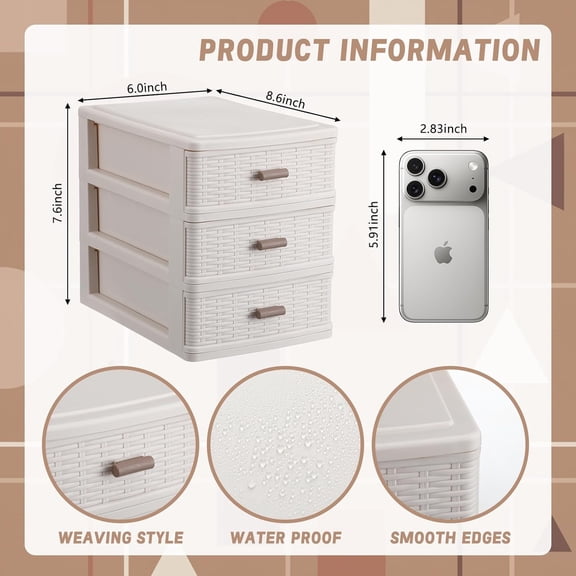 PYAN-Small Storage Desk Wicker Weave Drawer 3 Drawers Plastic Storage Mini Plastic Weave Drawer Unit with Pull Handles Desk Organizer for Office Supplies Craft Countertop Makeup Bathroom(White)