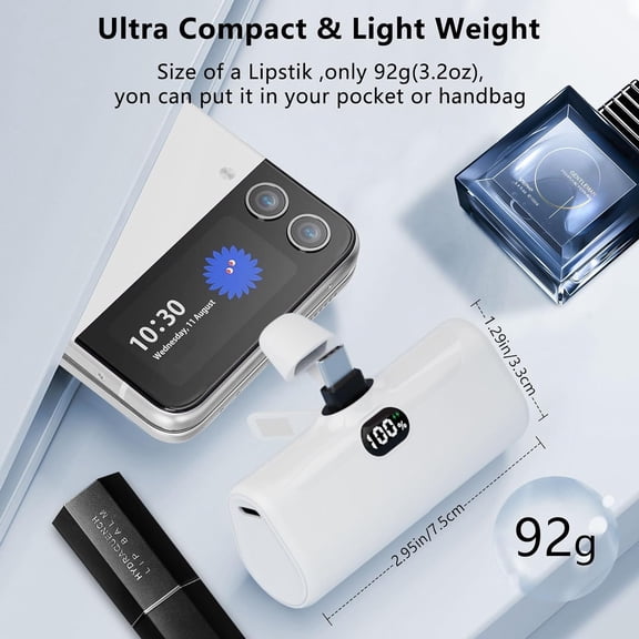 PYAN-Small USB C Portable Charger, 5000mAh Ultra Compact Mini Power Bank Built-in Phone Stand and LED Light, PD15W LCD Display Battery Pack for Travel, Compatible with iPhone15/Samsung/LG/Moto