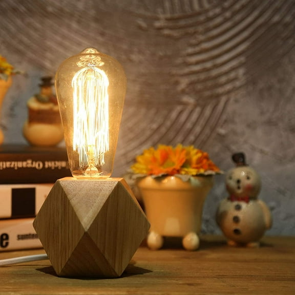 PYAN-Small Wood Table Lamp Edison Bulb Dimmable Desk Lamp E26 60W Industrial Night Light Boho Deco for Bedroom, Living Room or Office(No Bulb)